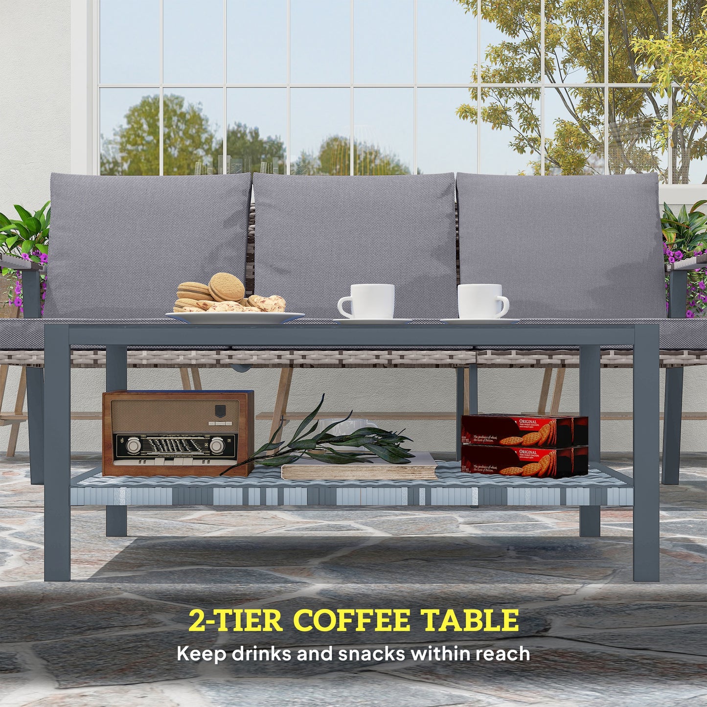 7 Seater Rattan Garden Furniture Set with Glass Coffee Table Grey