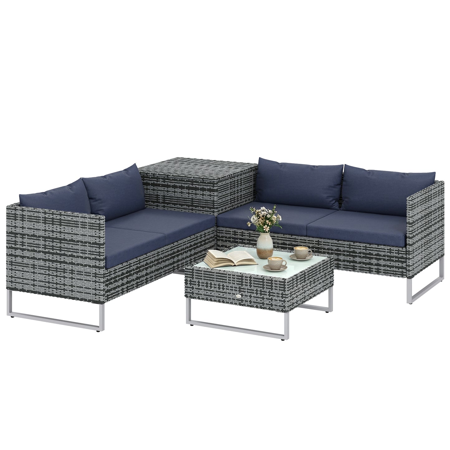 Rattan Garden Furniture Set with Storage Table, Cushions, Dark Blue