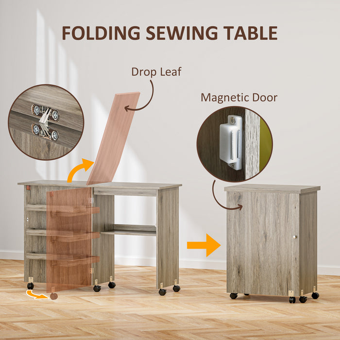 Folding Sewing Table Rolling Craft Table with Drop Leaf Wheels Grey