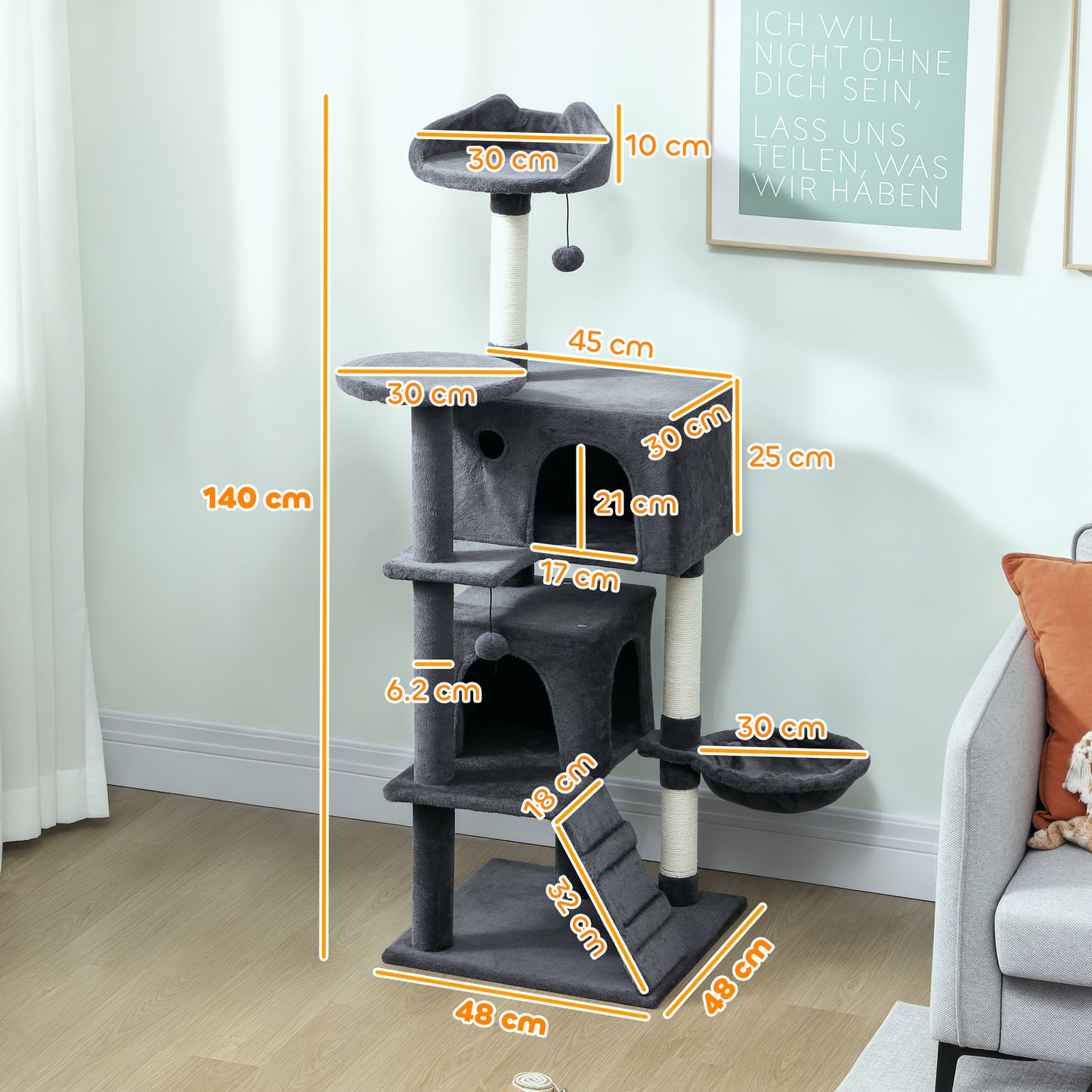 140cm Cat Tree with Sisal Scratching Posts, Cat Houses, Dark Grey