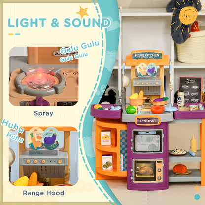 AIYAPLAY Toy Kitchen, 49 Pieces Kids Play Kitchen, Children Trolley, with Sound and Light, Spray Effects, Running Water