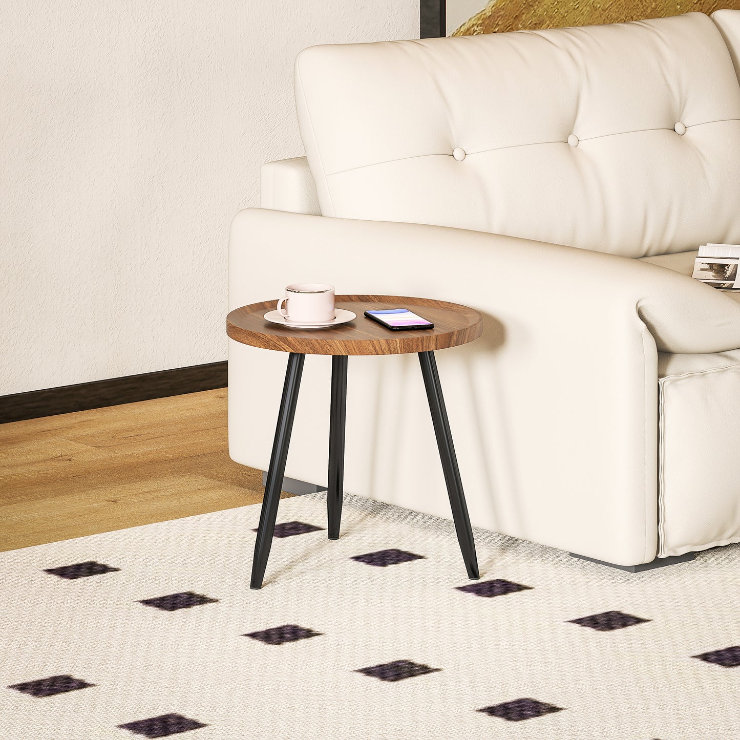 Modern End Side Table, Round Coffee Table, Chestnut Wood Effect