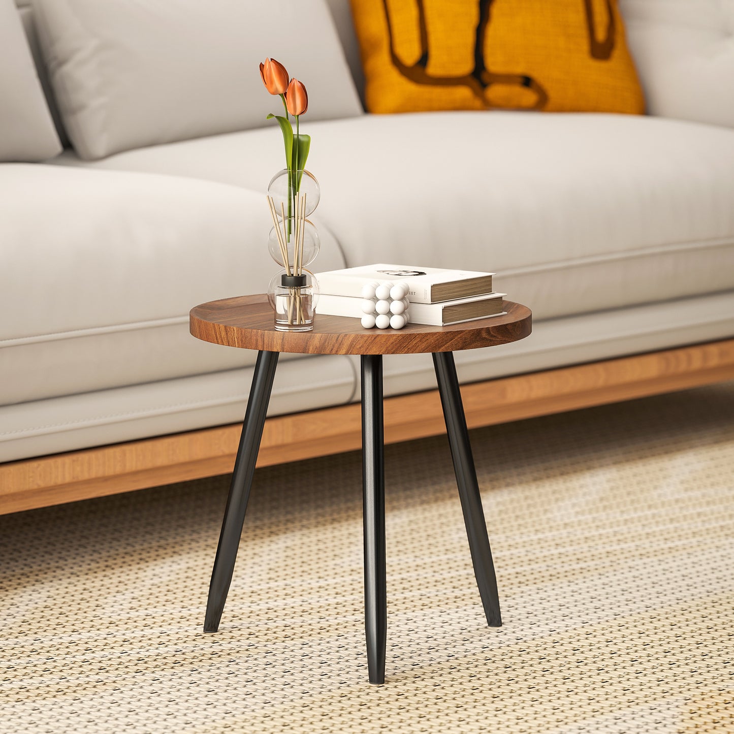 Modern End Side Table, Round Coffee Table, Chestnut Wood Effect