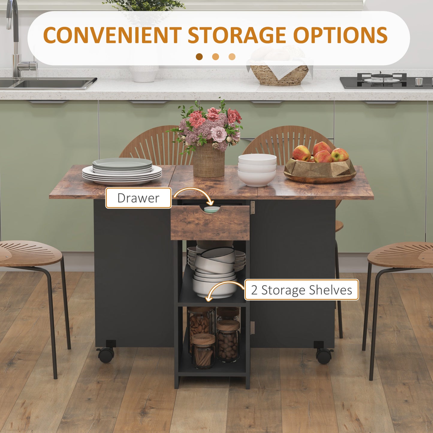 Foldable Dining Table, Drop Leaf Table with Storage, Rustic Brown