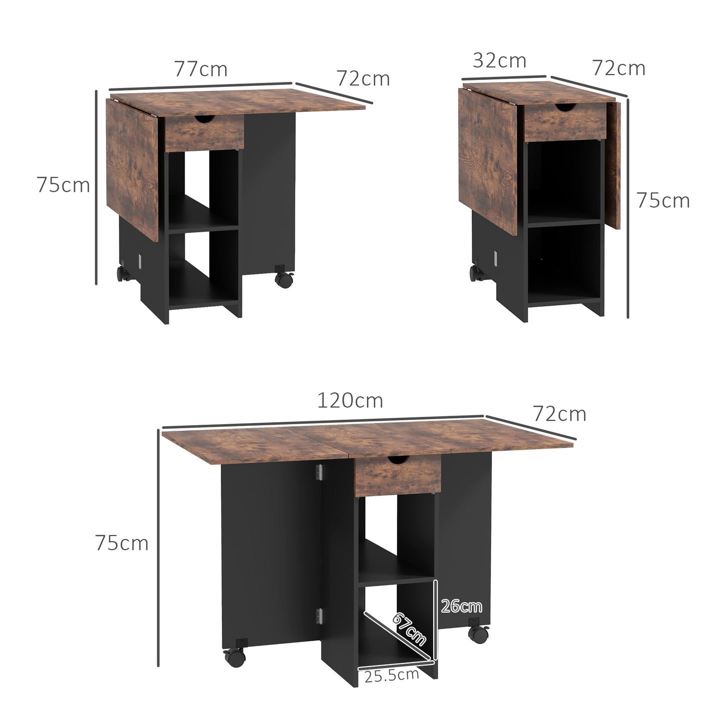 Foldable Dining Table, Drop Leaf Table with Storage, Rustic Brown