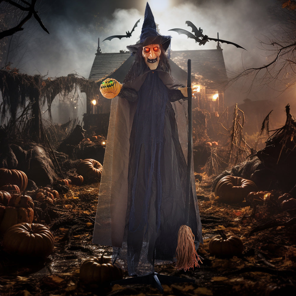 Halloween Witch with Broomstick Animatronic Prop with Light Up Eyes