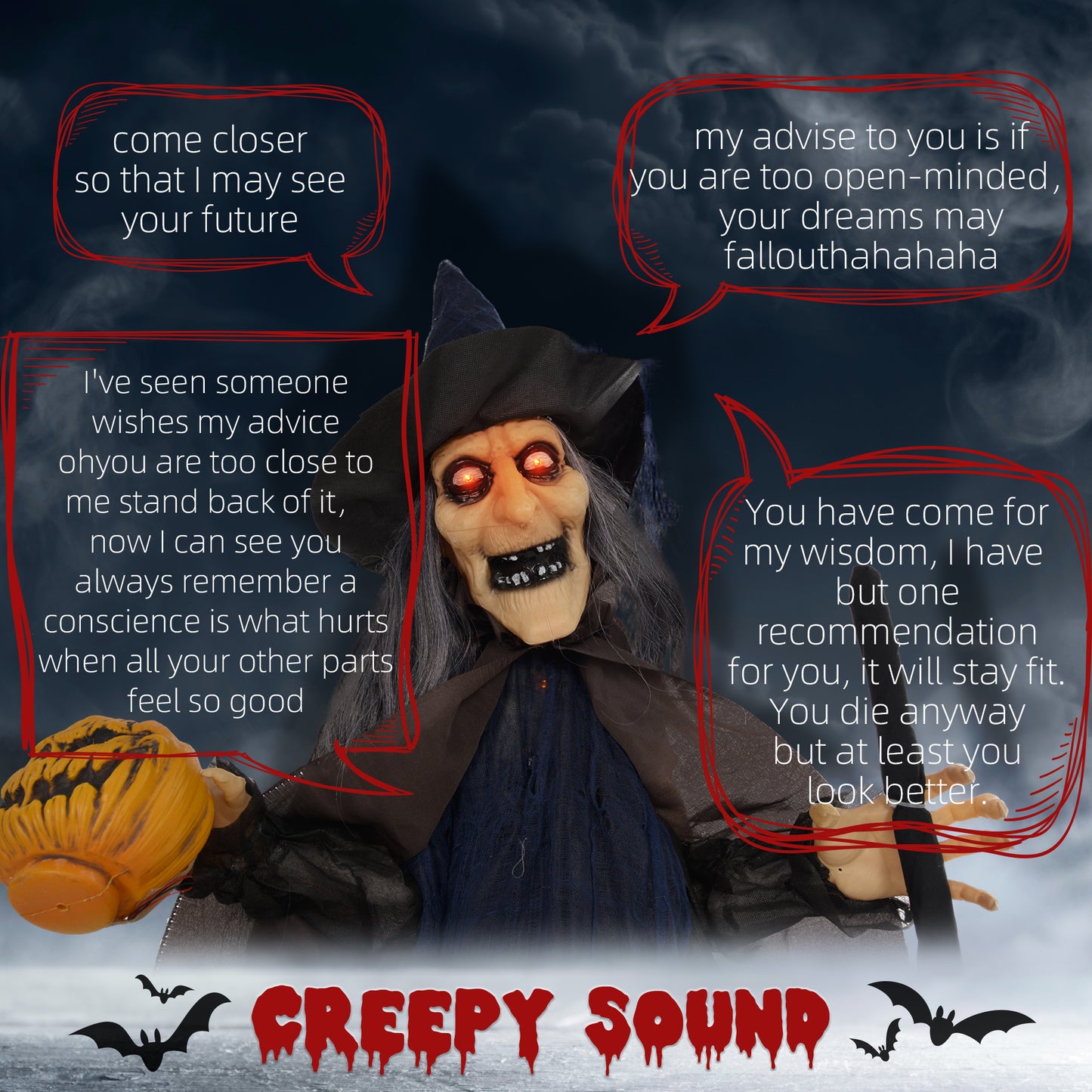 Halloween Witch with Broomstick Animatronic Prop with Light Up Eyes