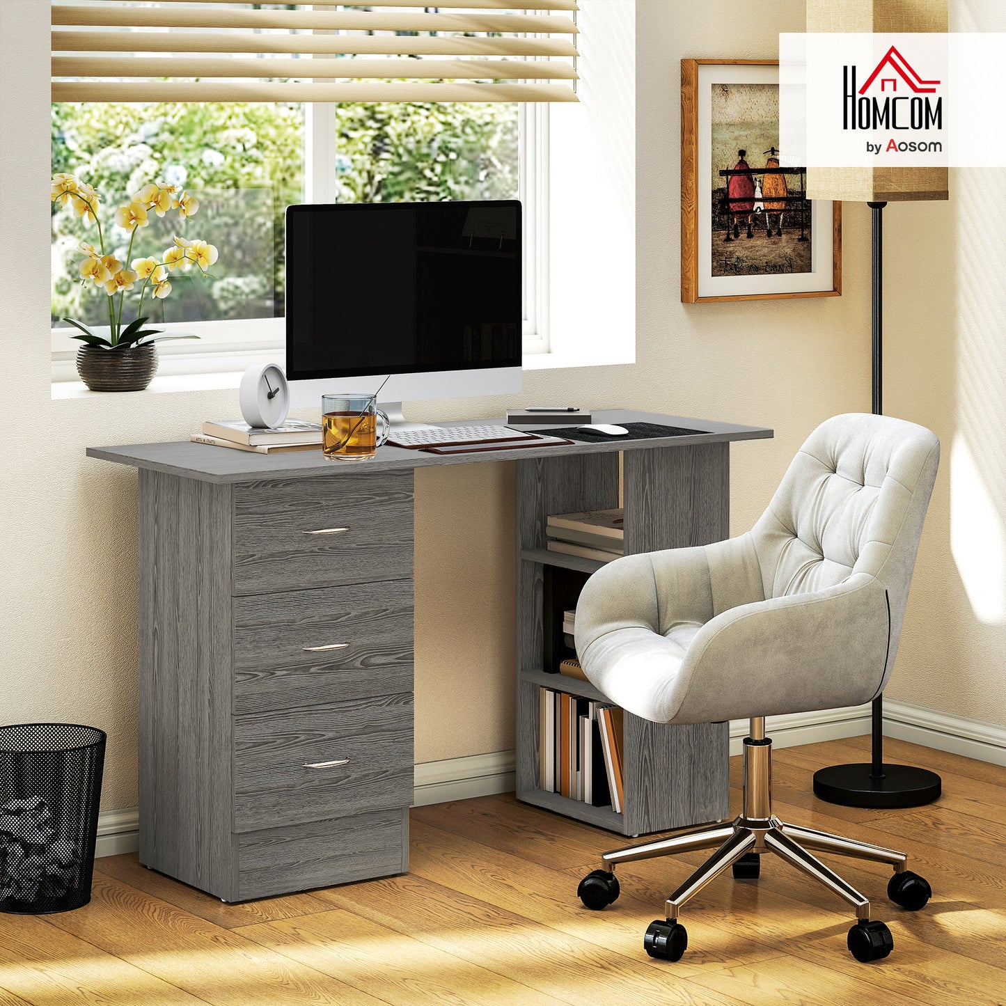 120cm Computer Desk, Study Table with 3 Shelf & Drawers, Grey
