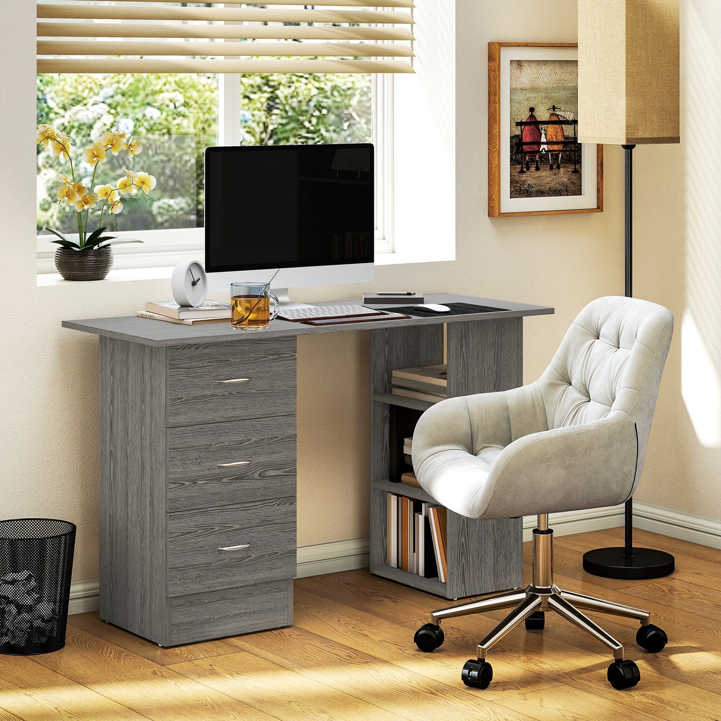 120cm Computer Desk, Study Table with 3 Shelf & Drawers, Grey