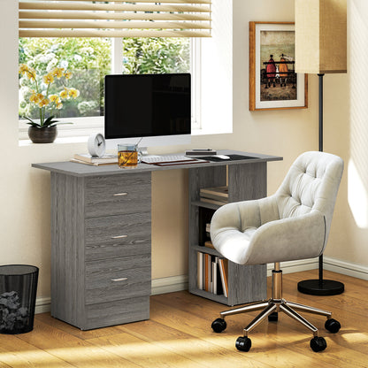 120cm Computer Desk, Study Table with 3 Shelf & Drawers, Grey