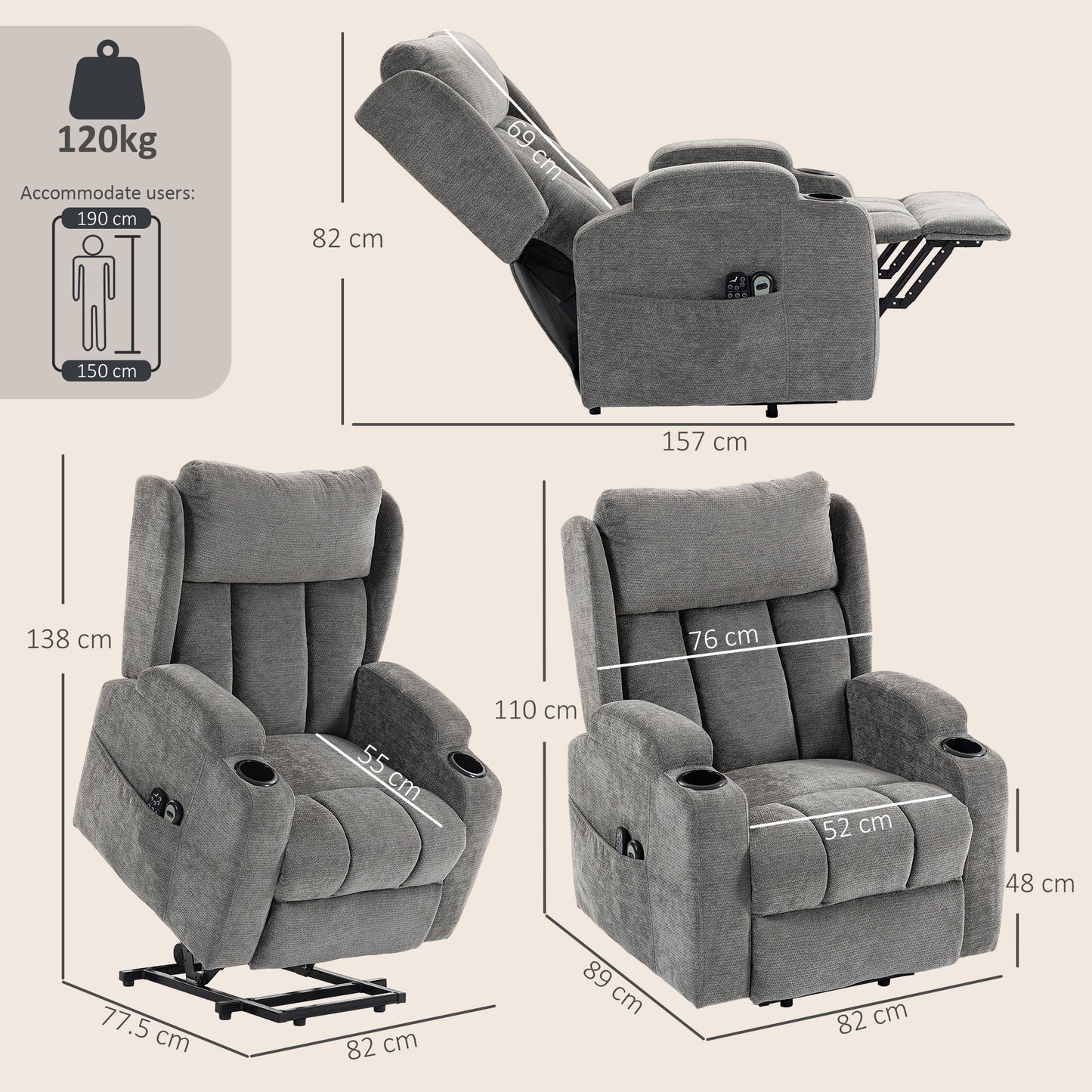 Power Lift Recliner Chair with Vibration Massage and Heat, Chenille Riser and Recliner Armchair for Elderly with Folding Headrest, Spring Cushion, Wide and High Back, Cup Holders, Remote, Grey