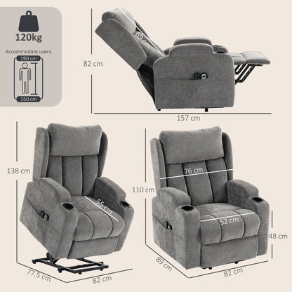 Power Lift Recliner Chair with Vibration Massage and Heat, Chenille Riser and Recliner Armchair for Elderly with Folding Headrest, Spring Cushion, Wide and High Back, Cup Holders, Remote, Grey