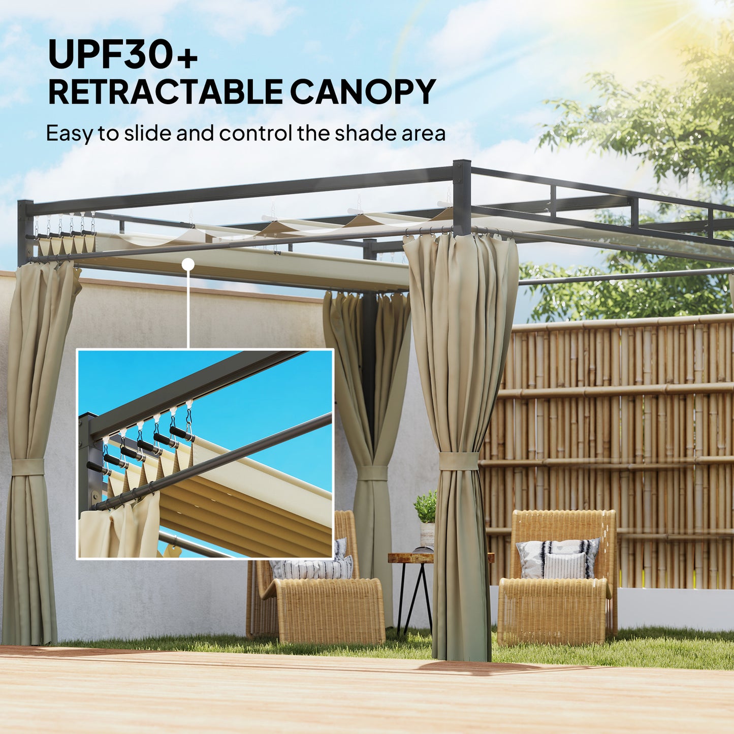 3 x 3 m Garden Pergola with Retractable Canopy, Curtains, Khaki