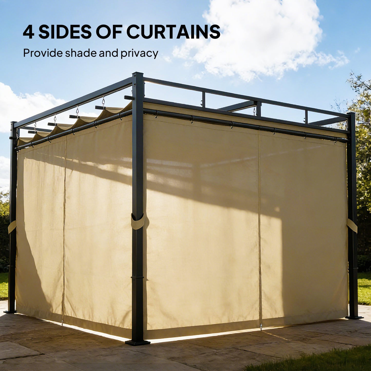 3 x 3 m Garden Pergola with Retractable Canopy, Curtains, Khaki