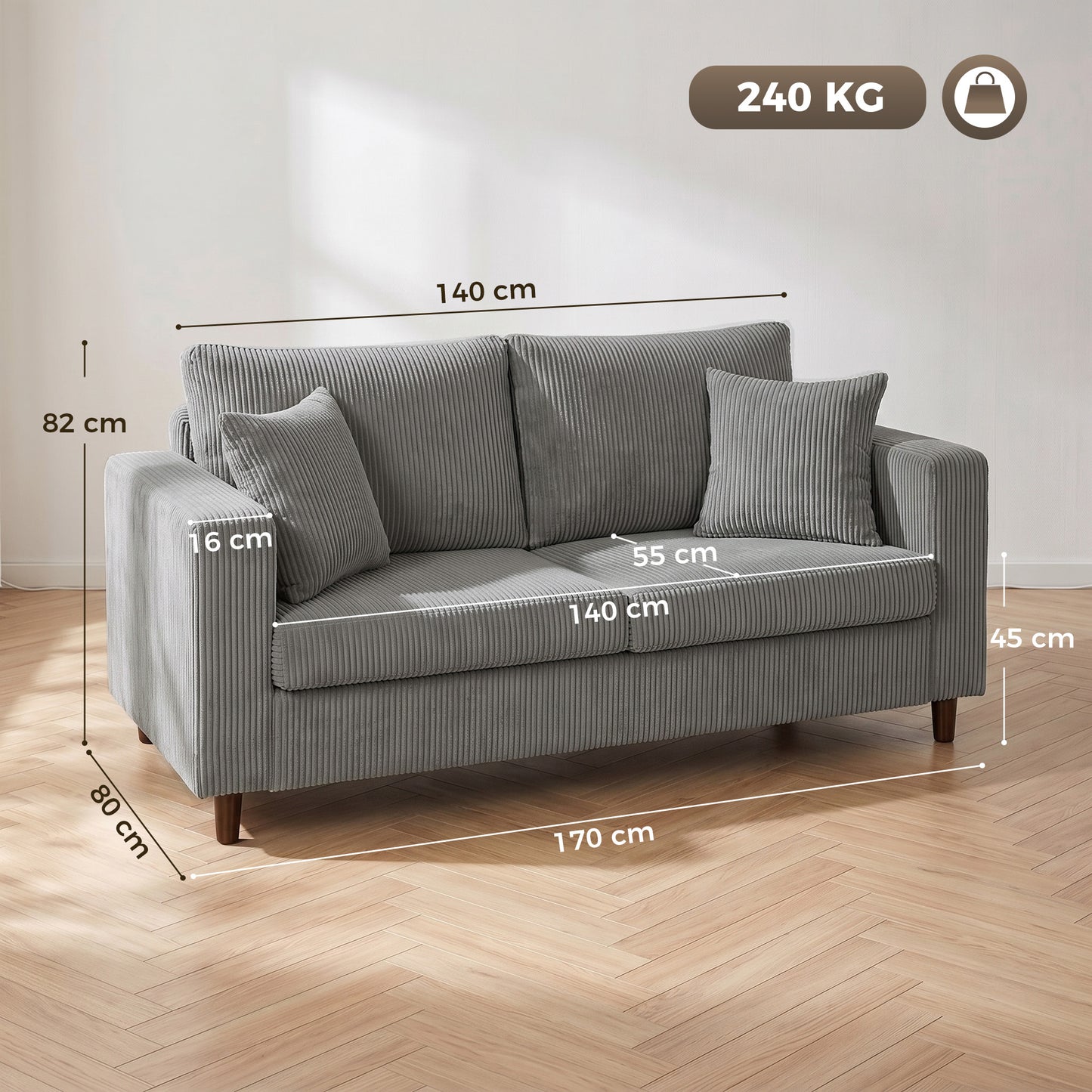 Loveseat Sofa with Wide Seat, Corduroy Upholstered, Light Grey