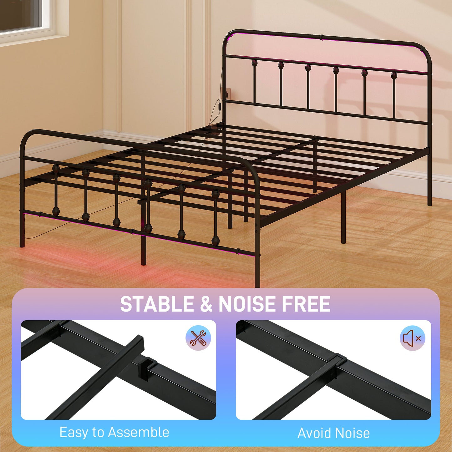Double Bed Frame with LED Lights and Charging Station, Black