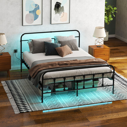 Double Bed Frame with LED Lights and Charging Station, Black