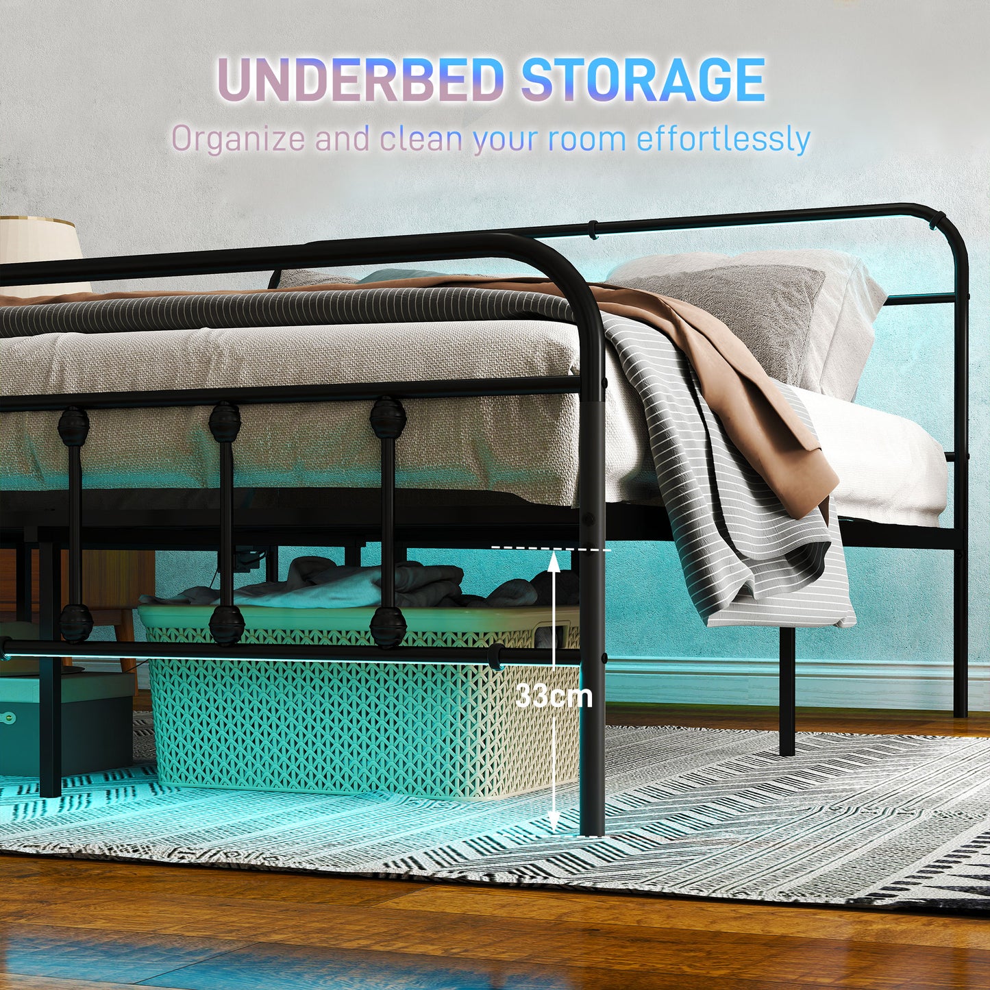 Double Bed Frame with LED Lights and Charging Station, Black