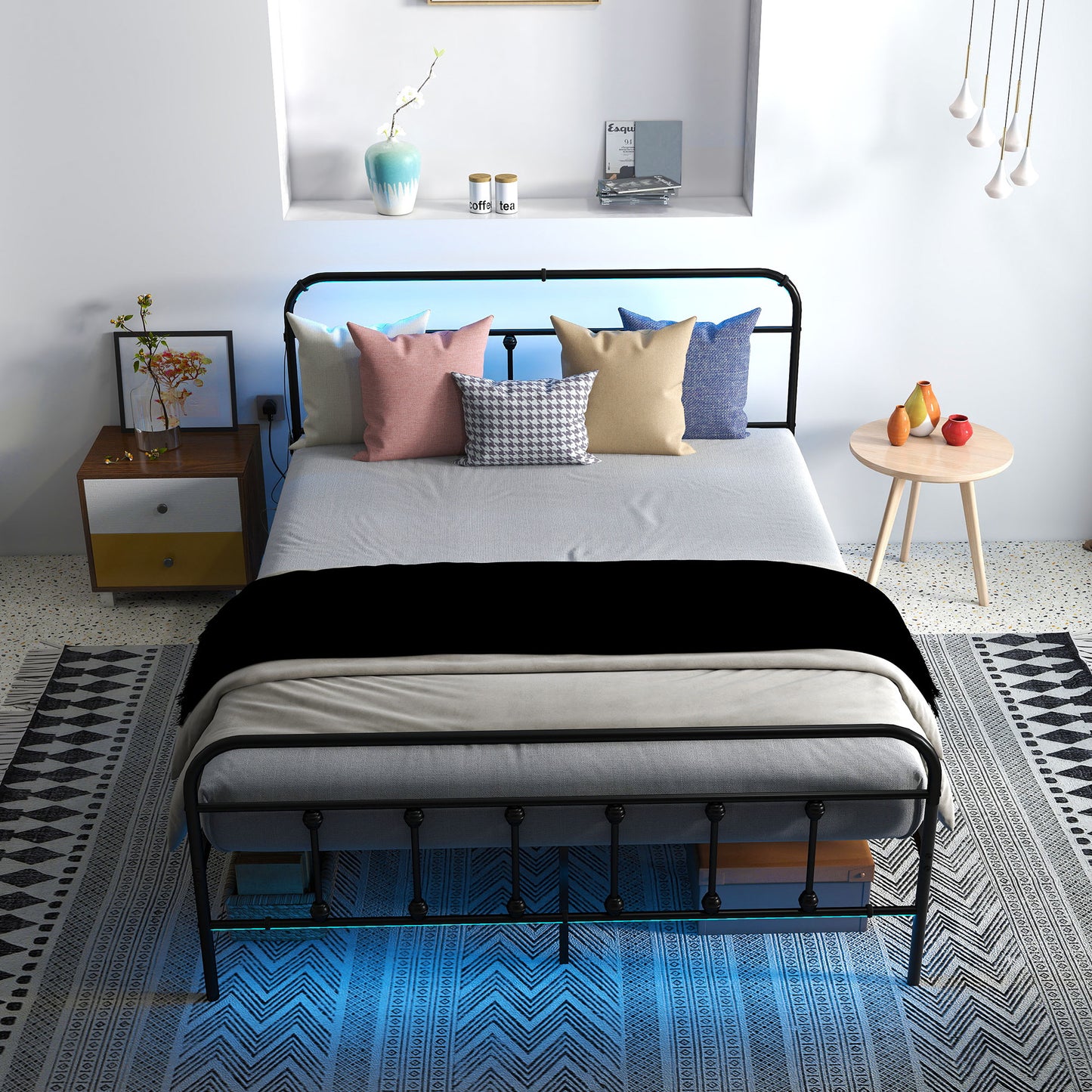 Double Bed Frame with LED Lights and Charging Station, Black