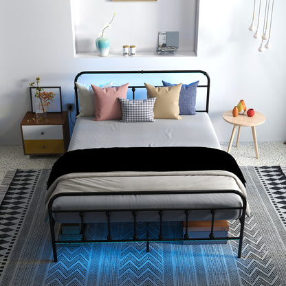 Double Bed Frame with LED Lights and Charging Station, Black