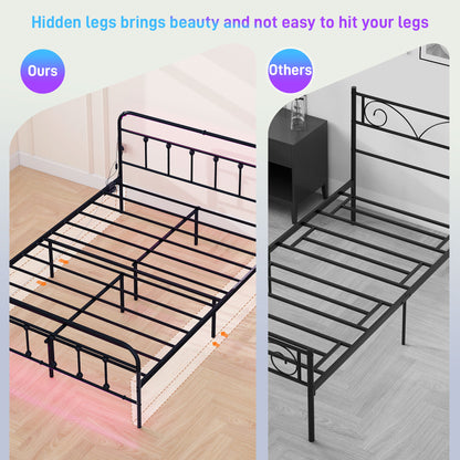Double Bed Frame with LED Lights and Charging Station, Black