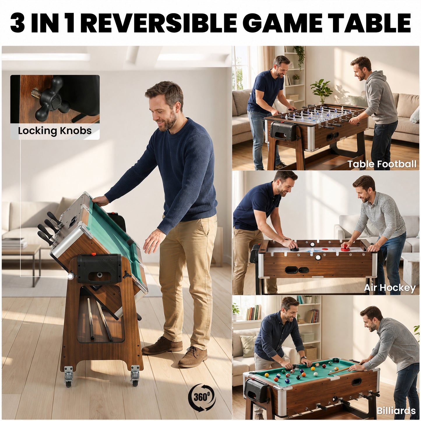 3 in 1 Reversible Multi Game Table with Lockable Wheels and Shelf