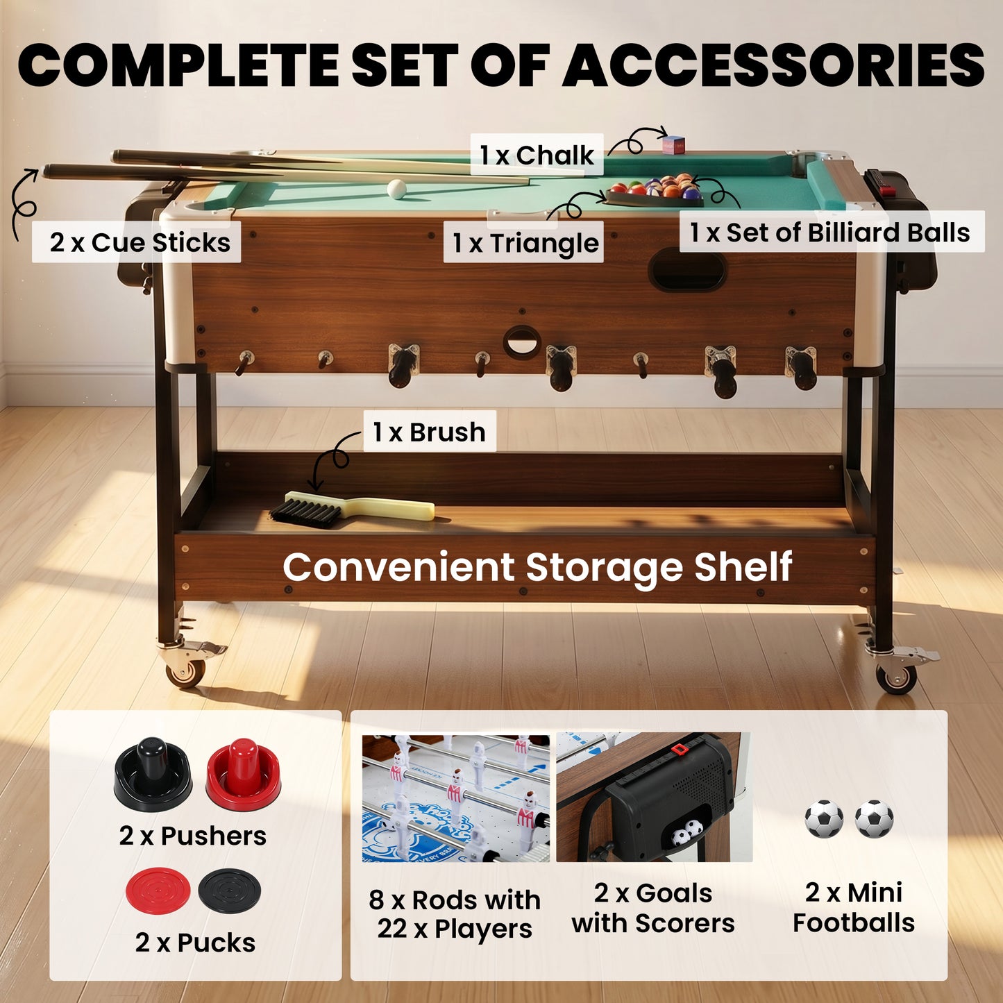 3 in 1 Reversible Multi Game Table with Lockable Wheels and Shelf