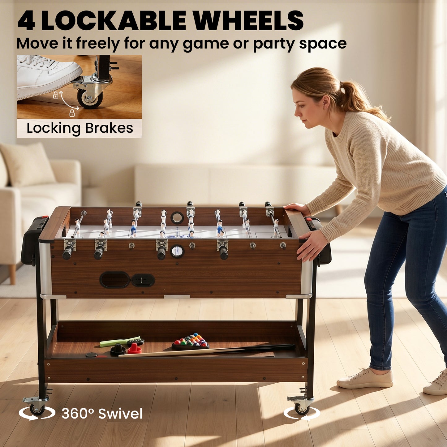 3 in 1 Reversible Multi Game Table with Lockable Wheels and Shelf