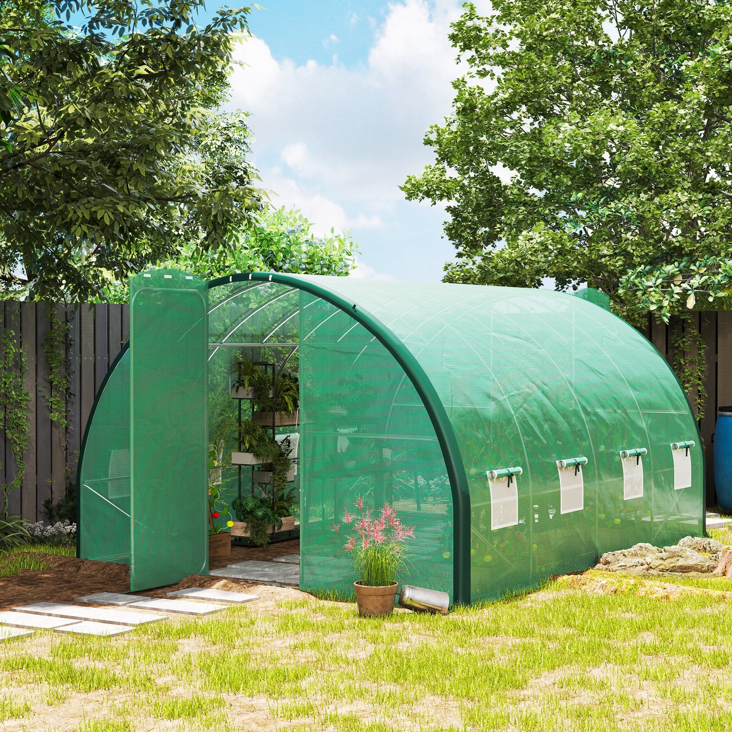 Tunnel Greenhouse Upgraded Structure, Hinged Doors, 4 x 3(m), Green