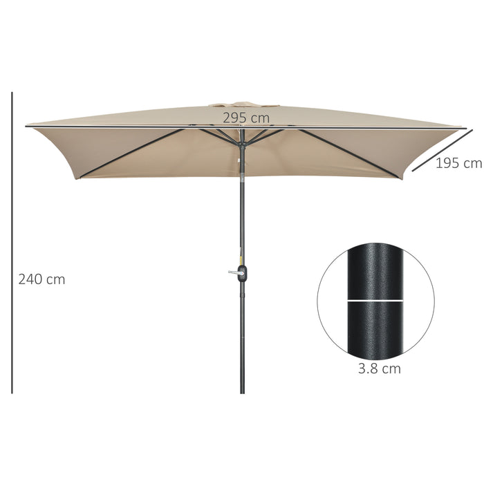 3x2m Patio Parasol Garden Umbrellas Canopy with Aluminum Tilt Crank Rectangular Sun Shade Steel, Khaki