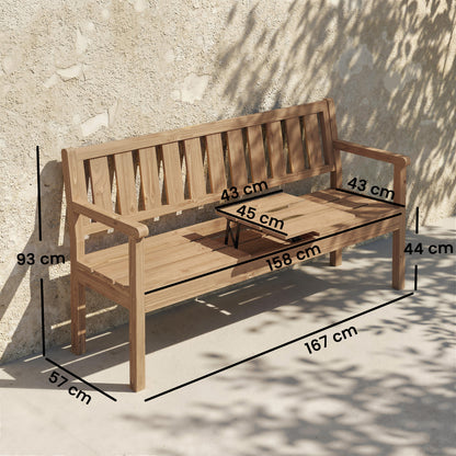 Wooden Garden Loveseat Bench with Table and Hidden Shelf, Teak
