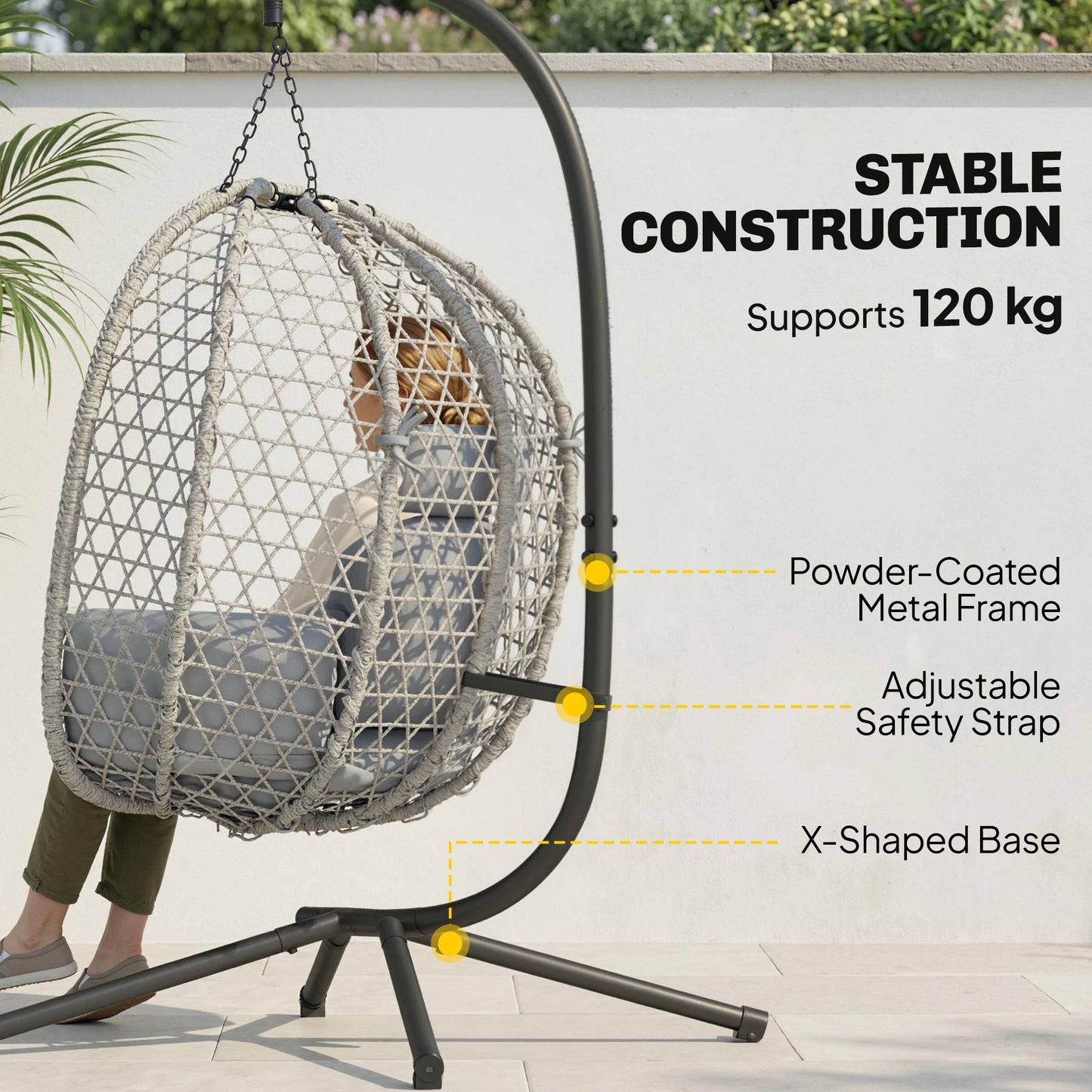 Hanging Egg Chair, Rattan Swing Chair with Stand, Light Grey