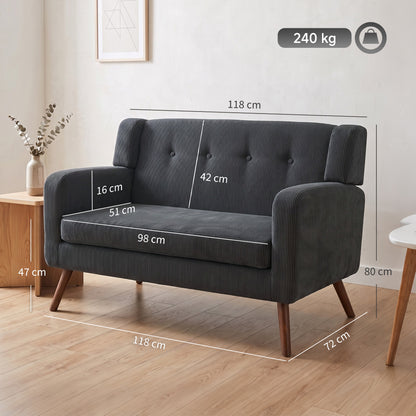 2 Seater Sofa, 118 cm Corduroy Small Loveseat Sofa, Dark Grey