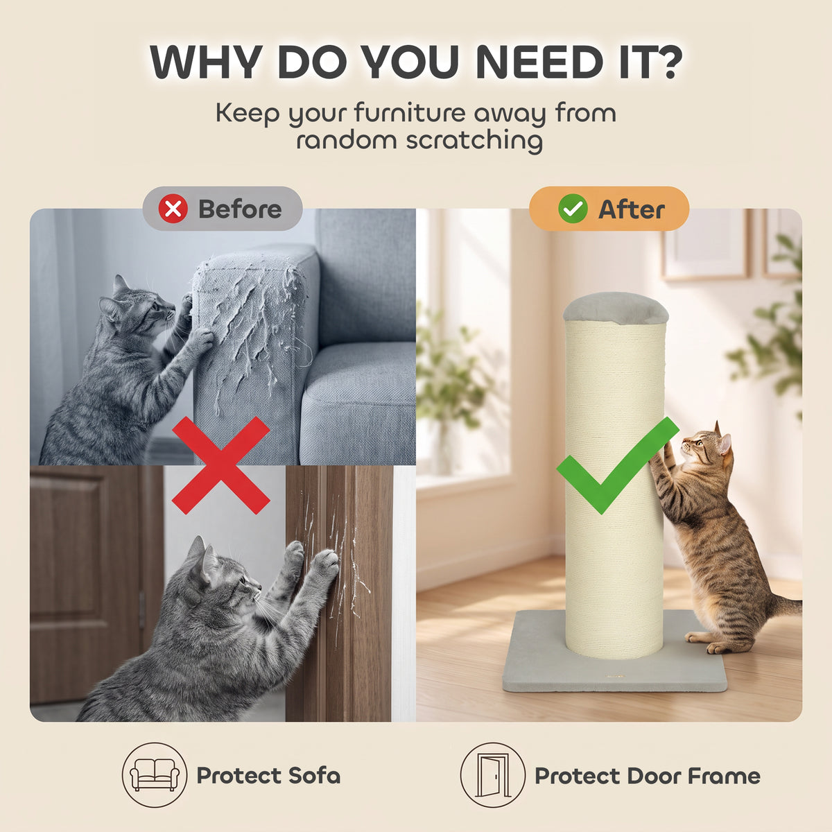 Cat Scratching Post, 76cm Tall Scratch Post for Indoor Cats