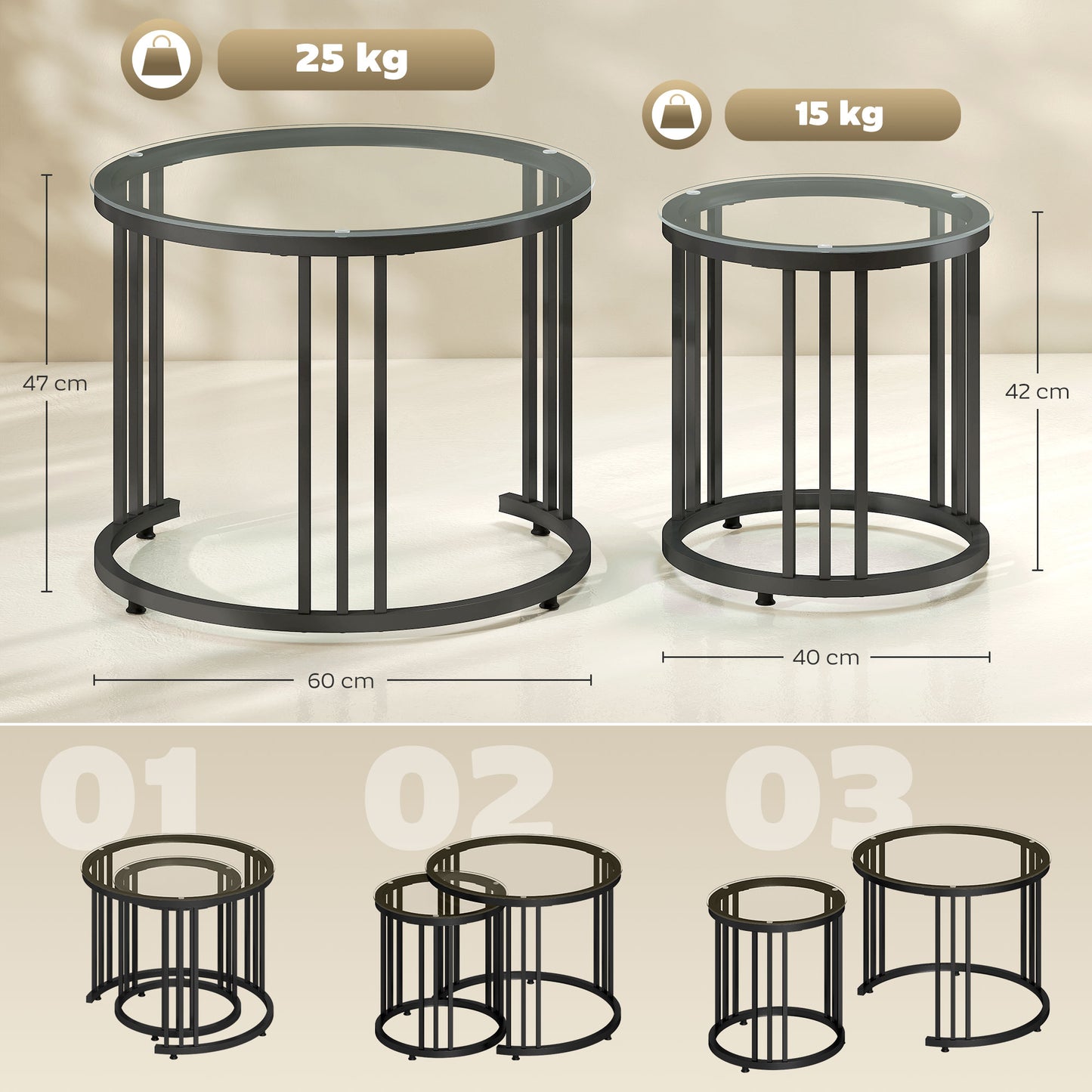 2 Pieces Round Nesting Coffee Tables with Tempered Glass Top, Black