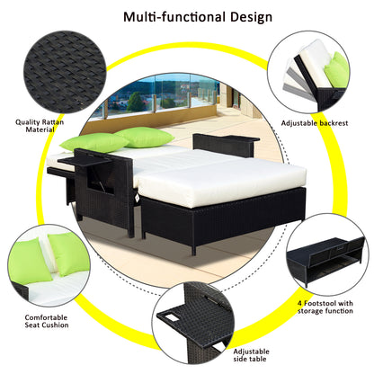 Outsunny 2 Seater Assembled Garden Patio Outdoor Rattan Furniture Sofa Sun Lounger Daybed with Fire Retardant Cotton - Black