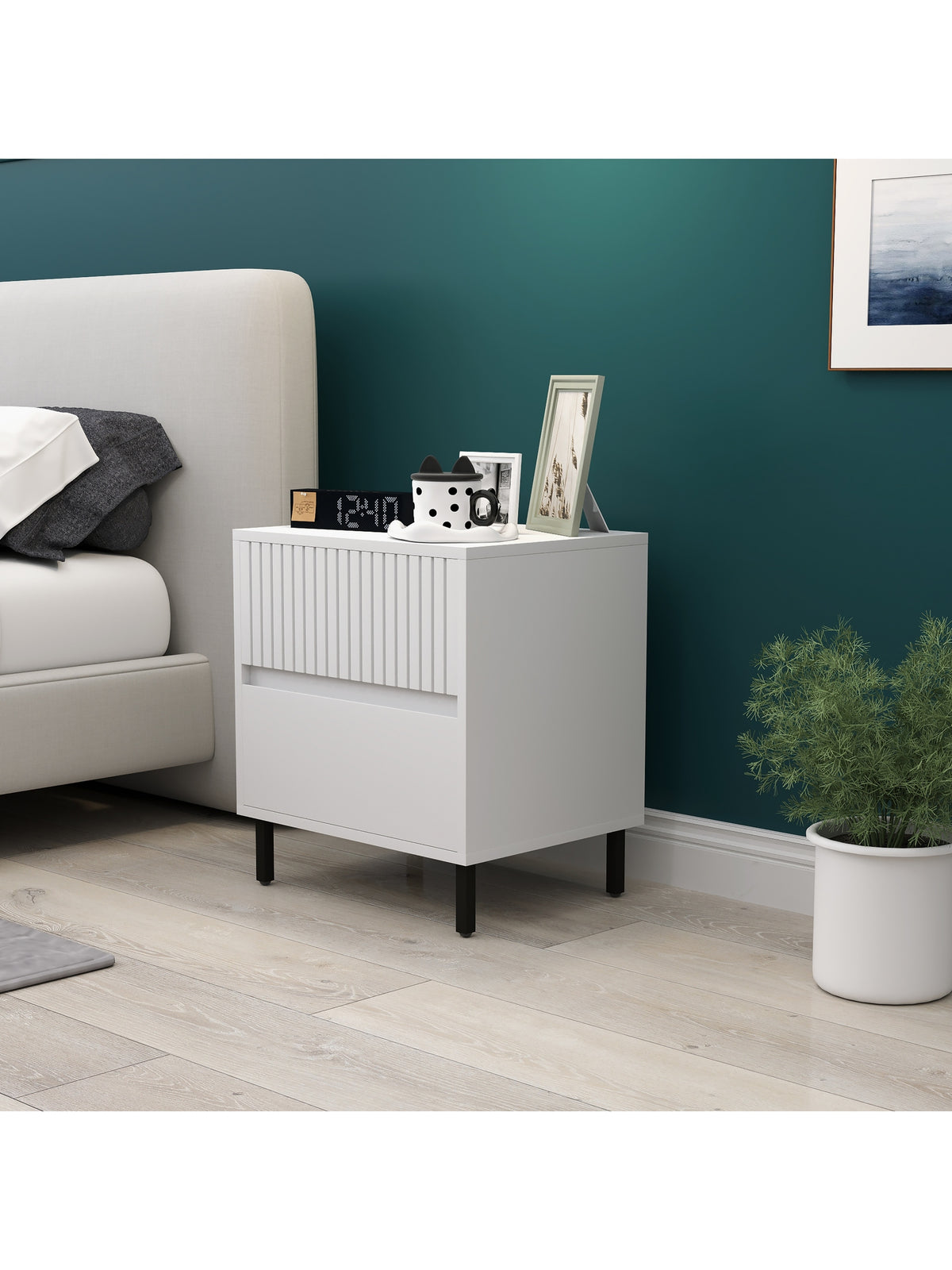 Bedside Table with 2 Drawers and Steel Legs for Bedroom, White