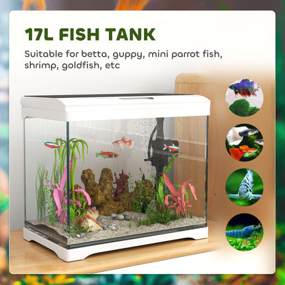 17L Fish Tank, Glass Aquarium with Filter System, LED Light, Water Pump, Fish Tank Starter Kits for Betta, Goldfish, Shrimps, Cold Water Fish, White