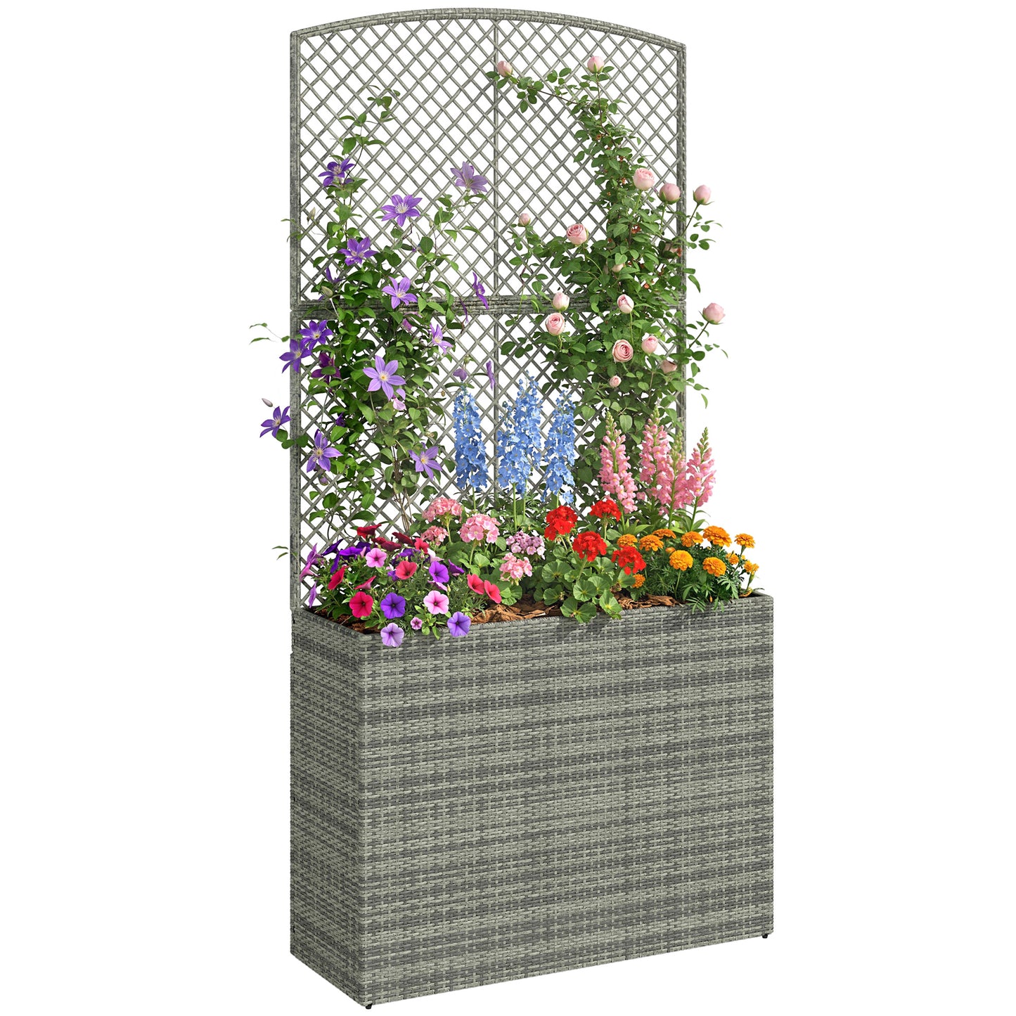 Garden Planter with Trellis, Rattan Raised Beds for Garden with Liner, Freestanding Outdoor Planter Box for Climbing Plants, Herbs, Vegetables, Flowers, 80 x 30 x 163 cm, Dark Grey