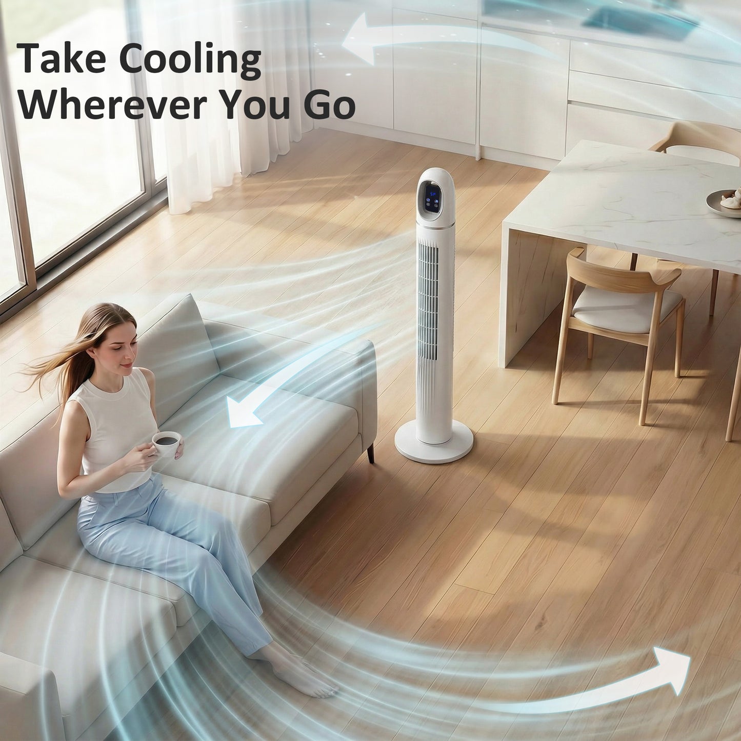 Tower Fan for Bedroom, Standing Floor Fan with 70° Oscillating, White