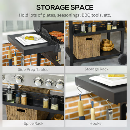 Galvanised Steel 4+1 Gas Burner BBQ Grill Trolley, Black