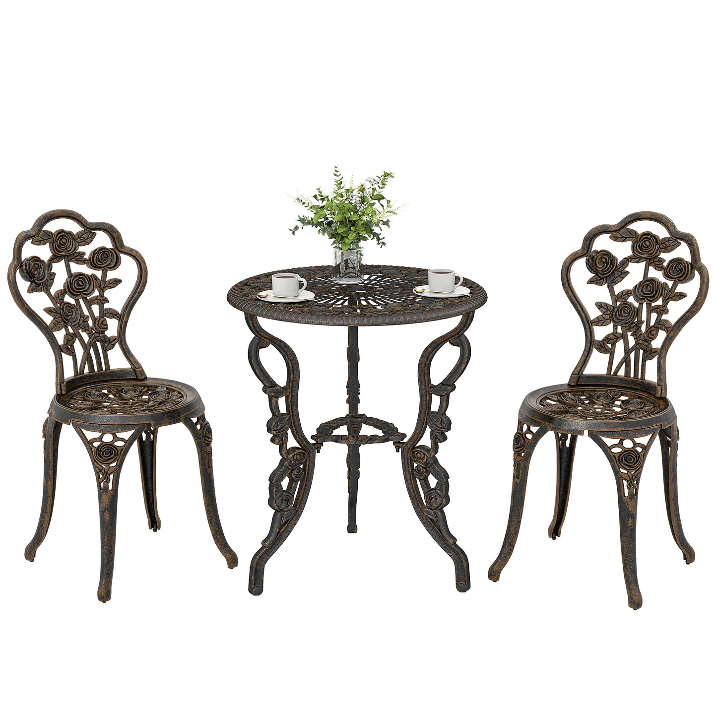 Outdoor Bistro Set with Umbrella Hole Rose Design Metallic