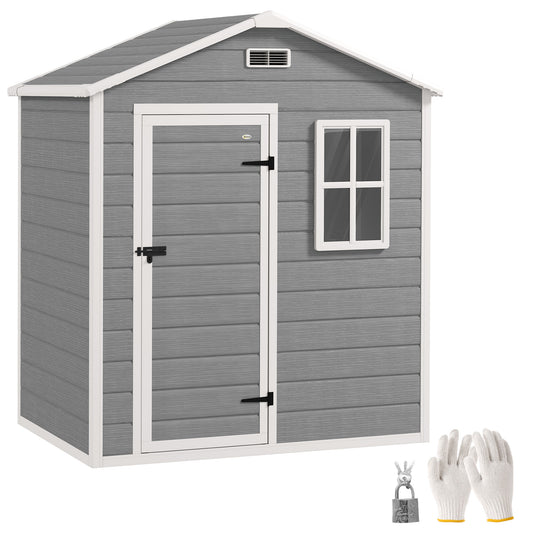 6 x 4ft Garden Shed, Plastic Shed with Floor, Window, Lockable Door and Vents, Wood Effect Resin Tool Shed for Outdoor, Grey