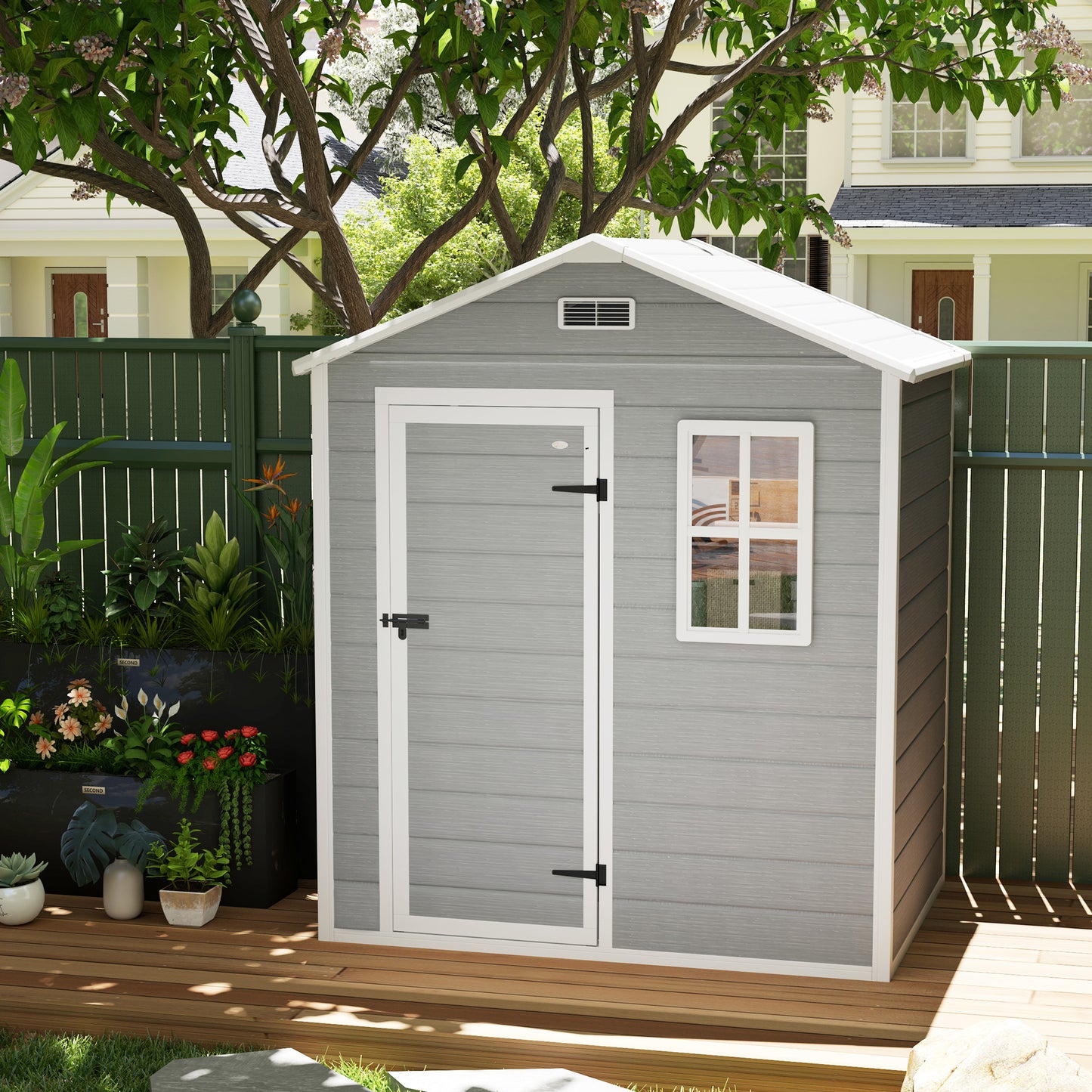6 x 4ft Garden Shed, Plastic Shed with Floor, Window, Lockable Door and Vents, Wood Effect Resin Tool Shed for Outdoor, Grey