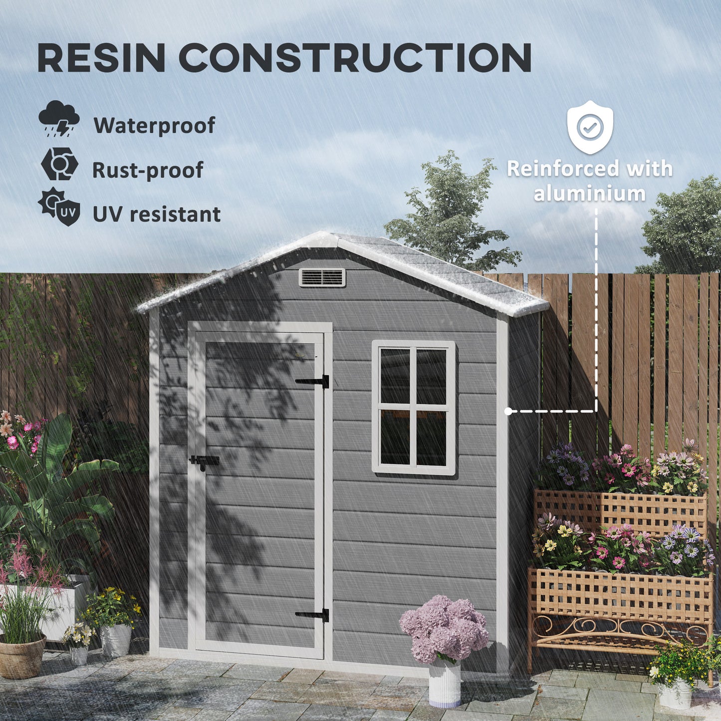 6 x 4ft Garden Shed, Plastic Shed with Floor, Window, Lockable Door and Vents, Wood Effect Resin Tool Shed for Outdoor, Grey