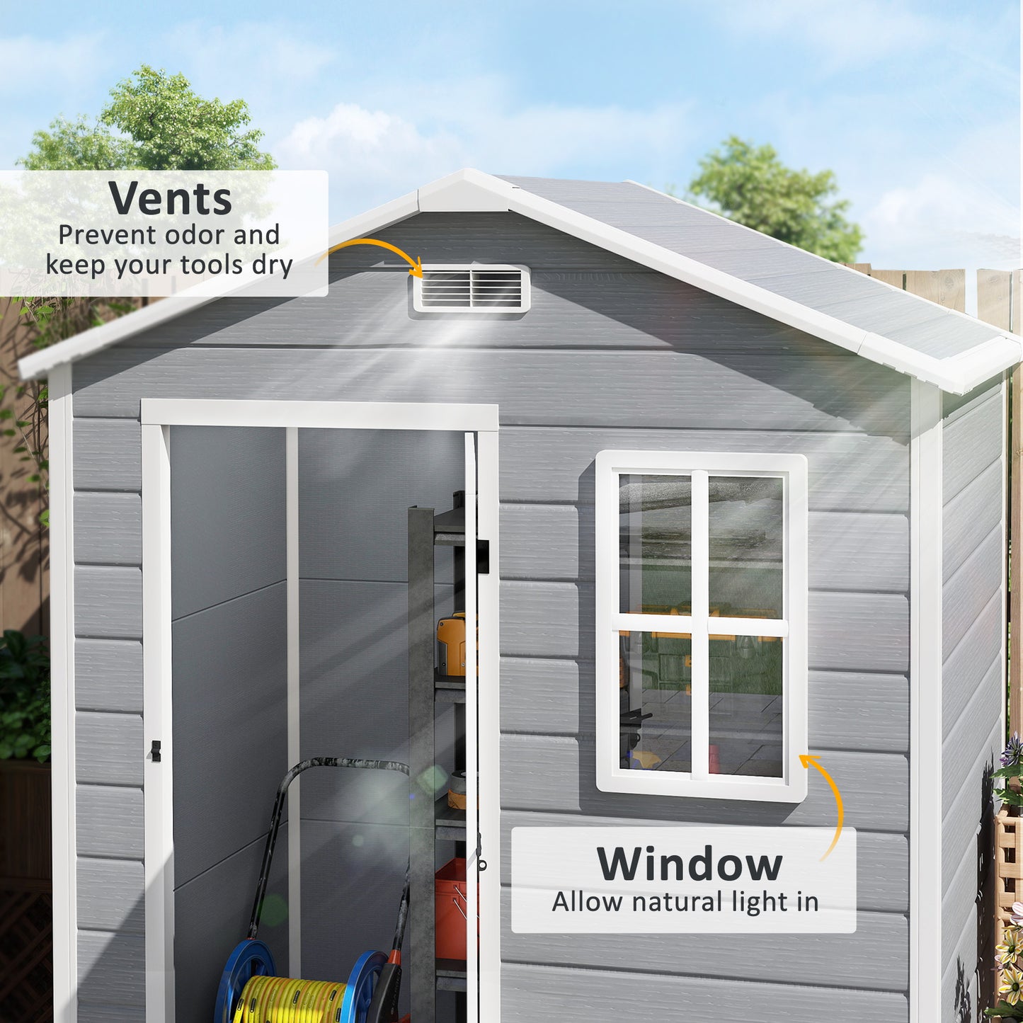 6 x 4ft Garden Shed, Plastic Shed with Floor, Window, Lockable Door and Vents, Wood Effect Resin Tool Shed for Outdoor, Grey