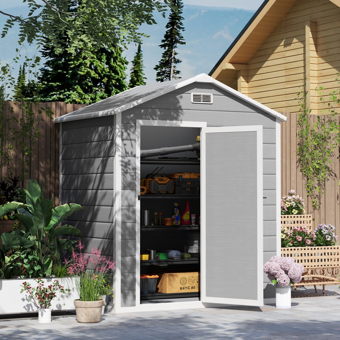 6 x 4ft Garden Shed, Plastic Shed with Floor, Window, Lockable Door and Vents, Wood Effect Resin Tool Shed for Outdoor, Grey
