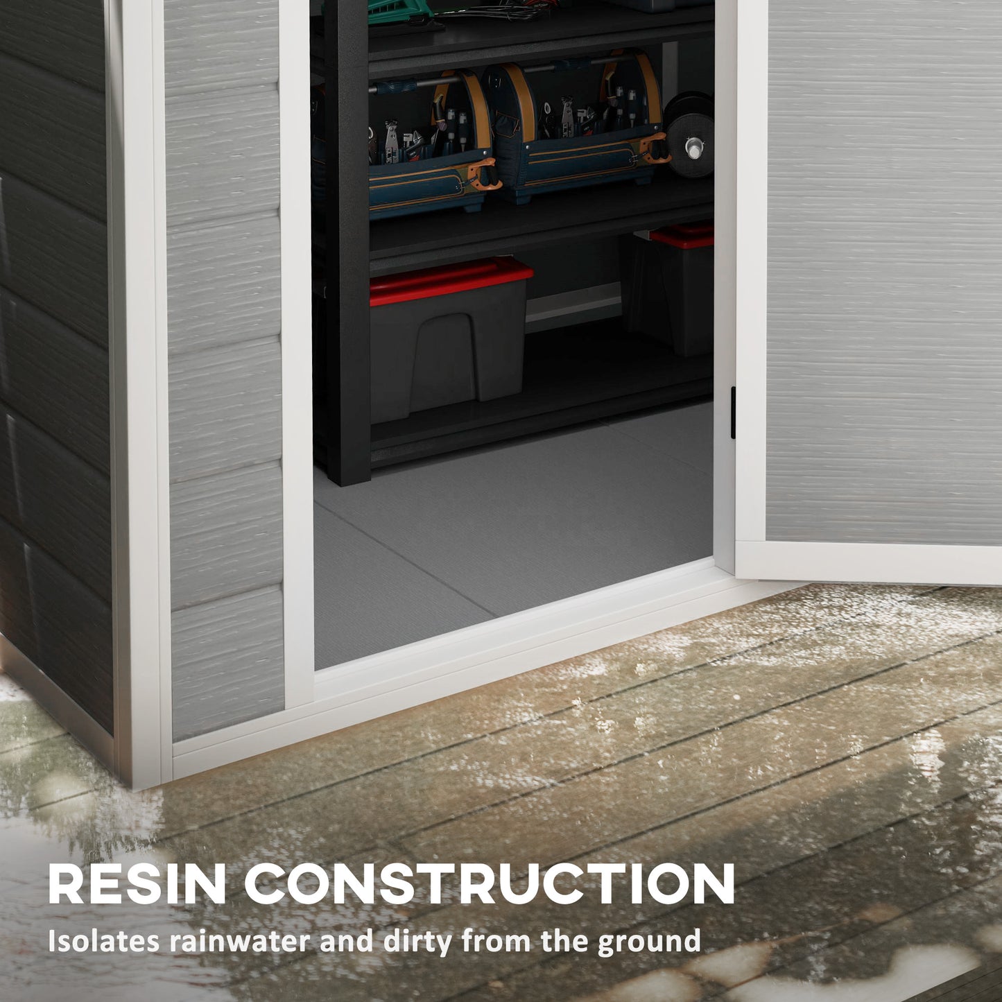 6 x 4ft Garden Shed, Plastic Shed with Floor, Window, Lockable Door and Vents, Wood Effect Resin Tool Shed for Outdoor, Grey