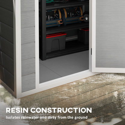 6 x 4ft Garden Shed, Plastic Shed with Floor, Window, Lockable Door and Vents, Wood Effect Resin Tool Shed for Outdoor, Grey
