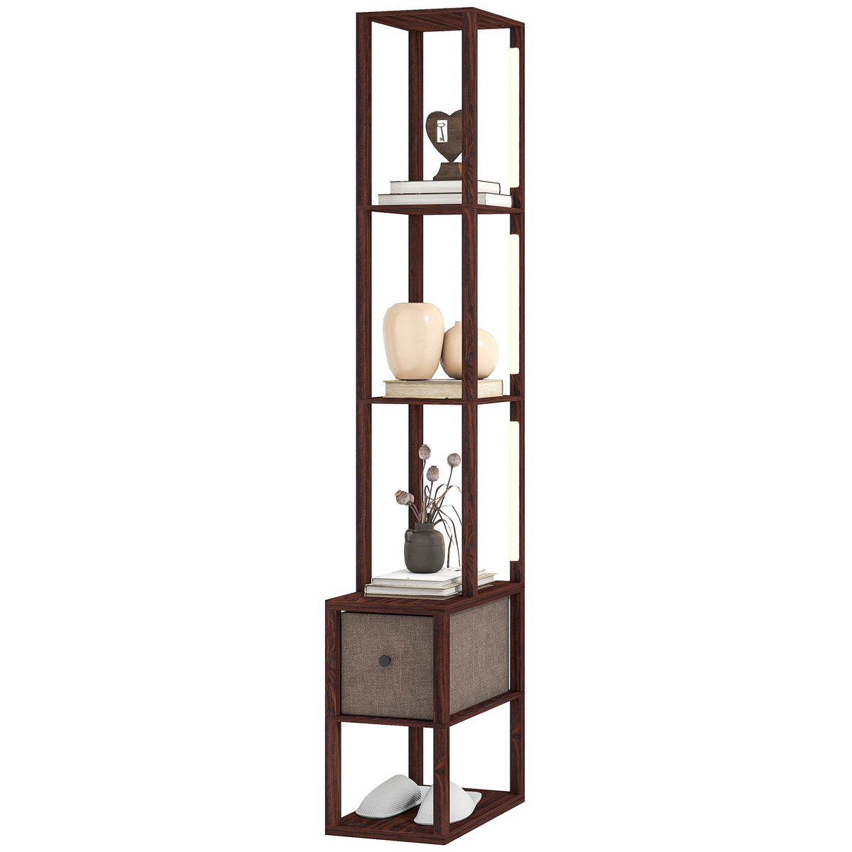 Floor Lamp with Shelves, LED Standing Lamp with Fabric Drawer, Brown